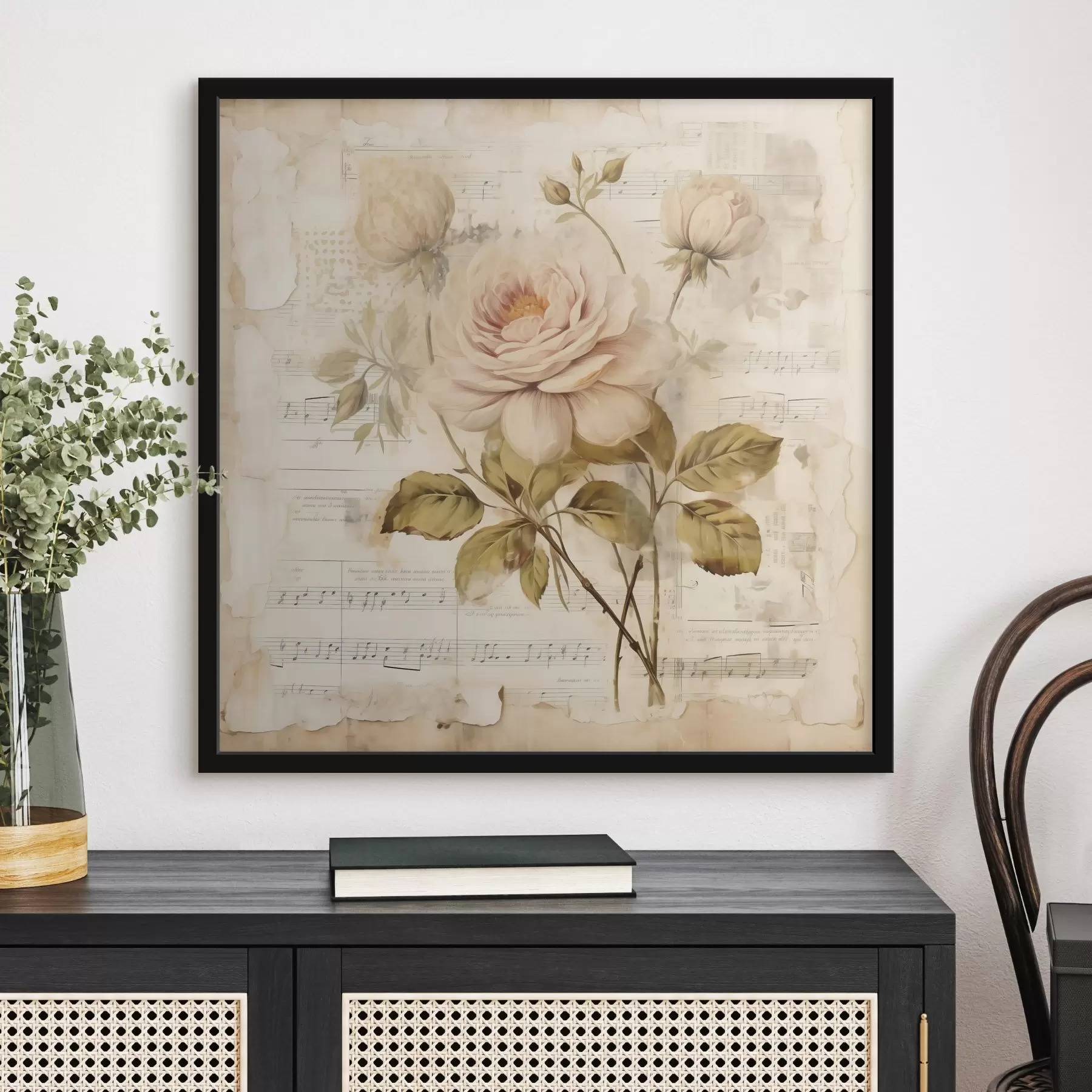 Fotobehang Vintage compositie van rozen tegen de achtergrond van oude notities f44247