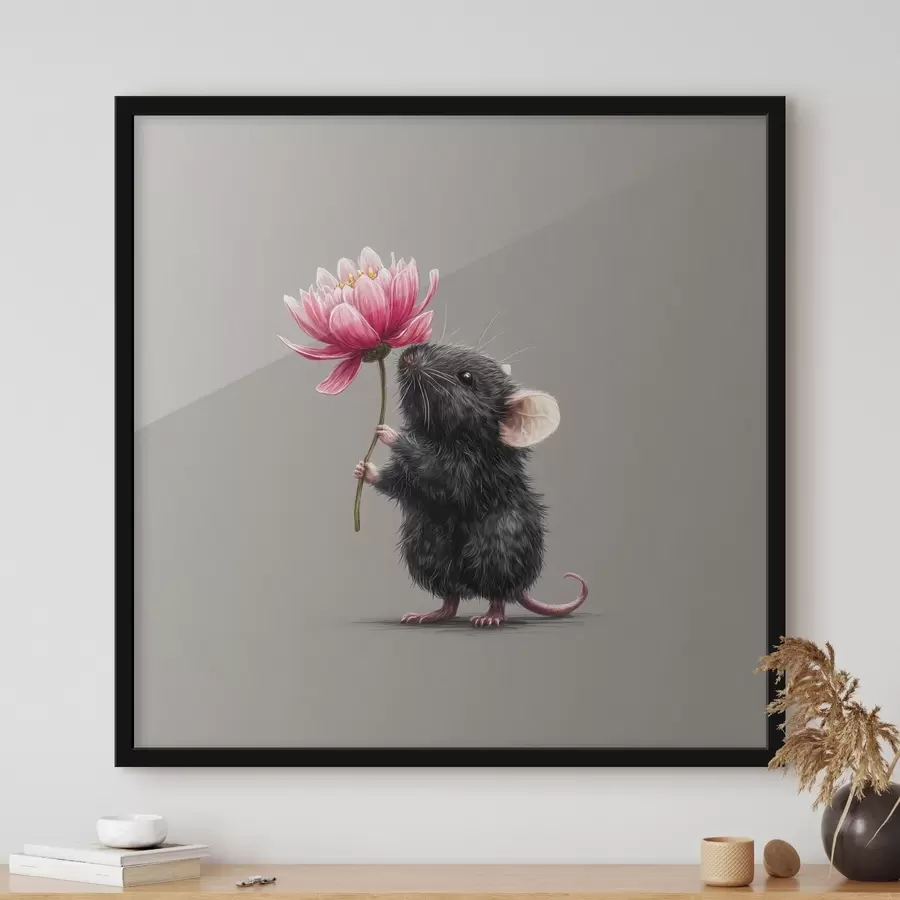 Papier peint photo Charmante souris respirant l'arôme d'une pivoine rose f44248