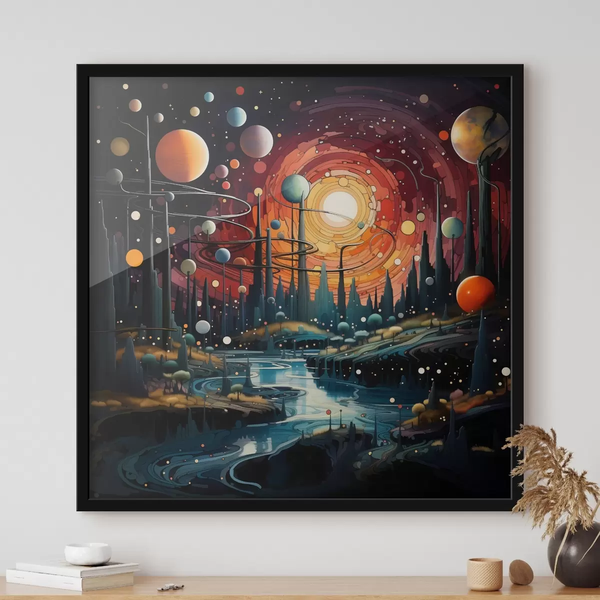 Affiche Paysage lumineux et fantastique d'un monde extraterrestre avec des planètes et une rivière f44249