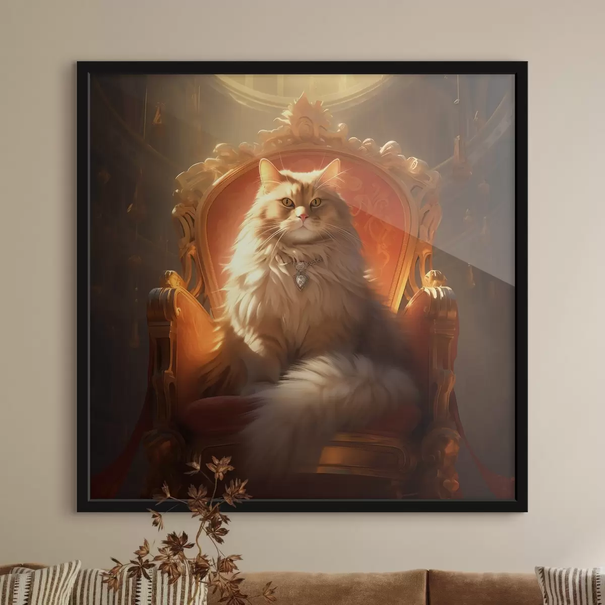 Affiche Chat royal aux yeux d'ambre sur un trône dans les rayons de la gloire dans le style baroque f44250