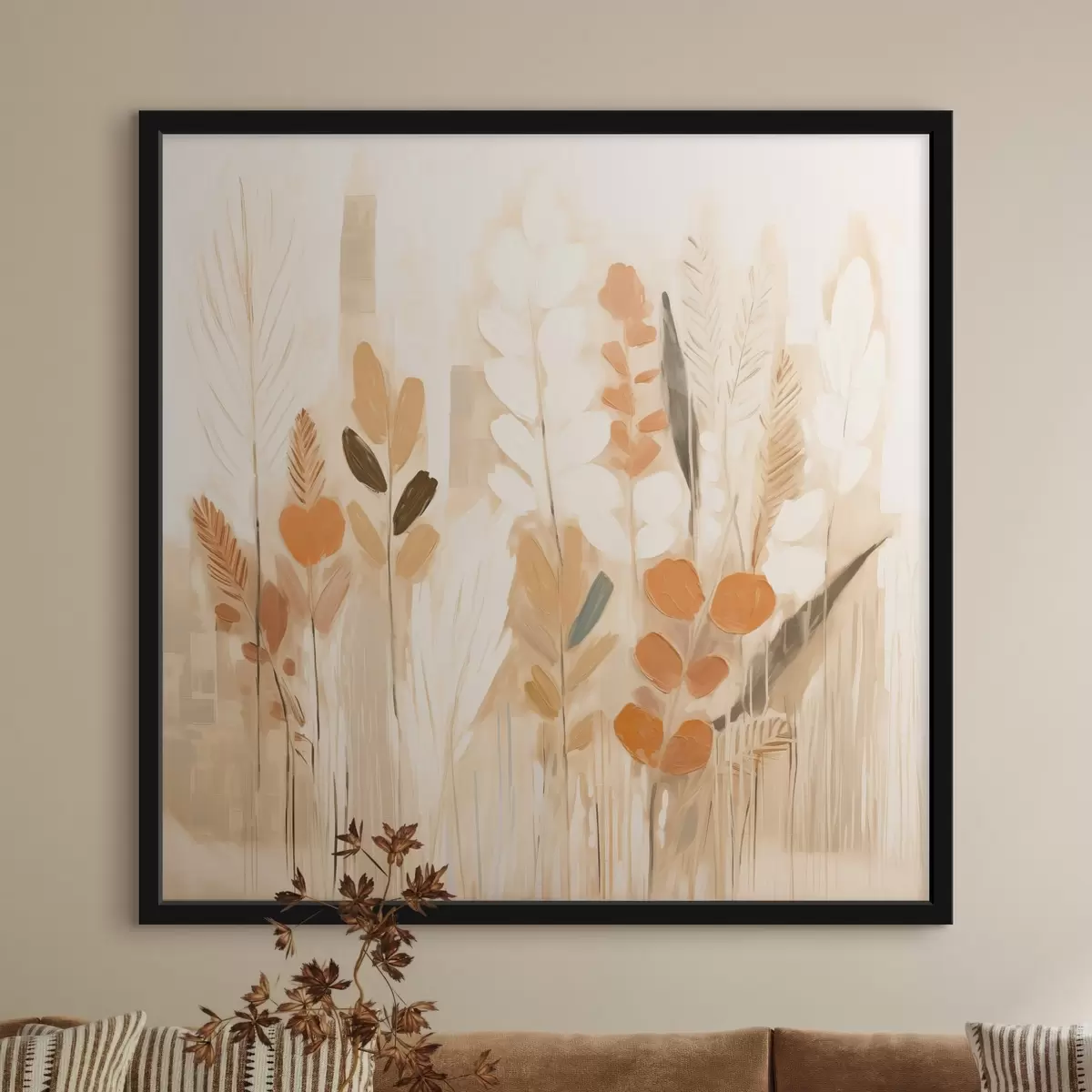 Affiche Abstraction chaleureuse avec des herbes et des fleurs dans une palette beige-orange dans le style Art nouveau f44252