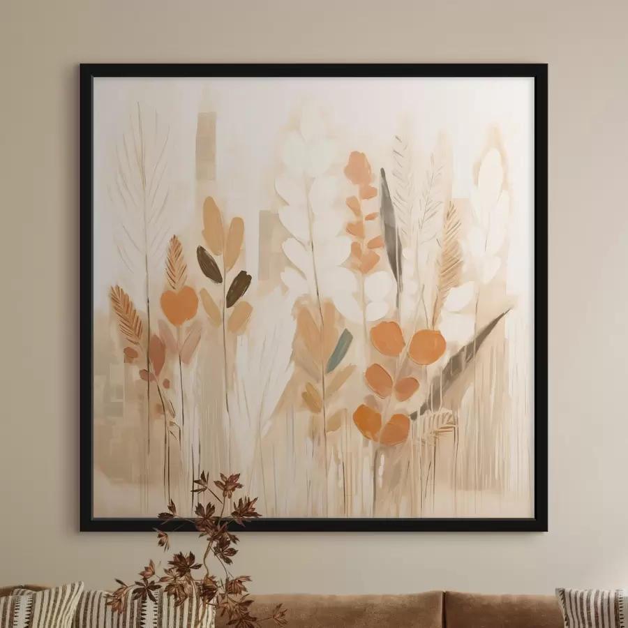 Papier peint photo Abstraction chaleureuse avec des herbes et des fleurs dans une palette beige-orange dans le style Art nouveau f44252