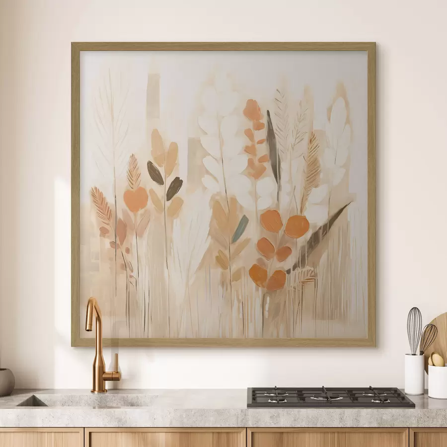Papier peint photo Abstraction chaleureuse avec des herbes et des fleurs dans une palette beige-orange dans le style Art nouveau f44252