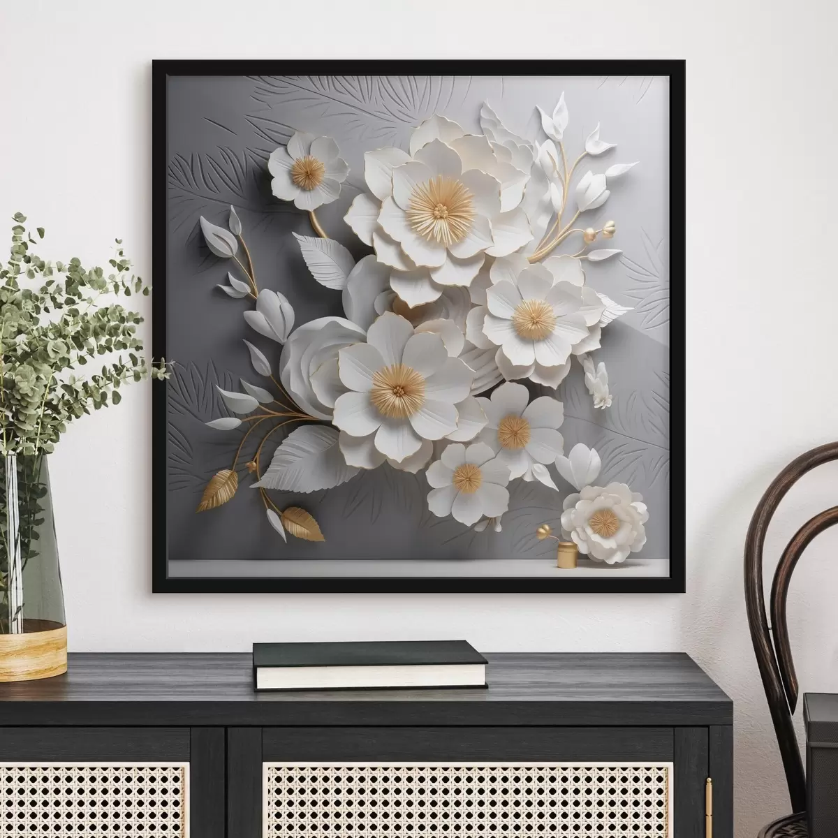 Poster Volumineuze witte bloemen op een grijze achtergrond in 3D-stijl f44253