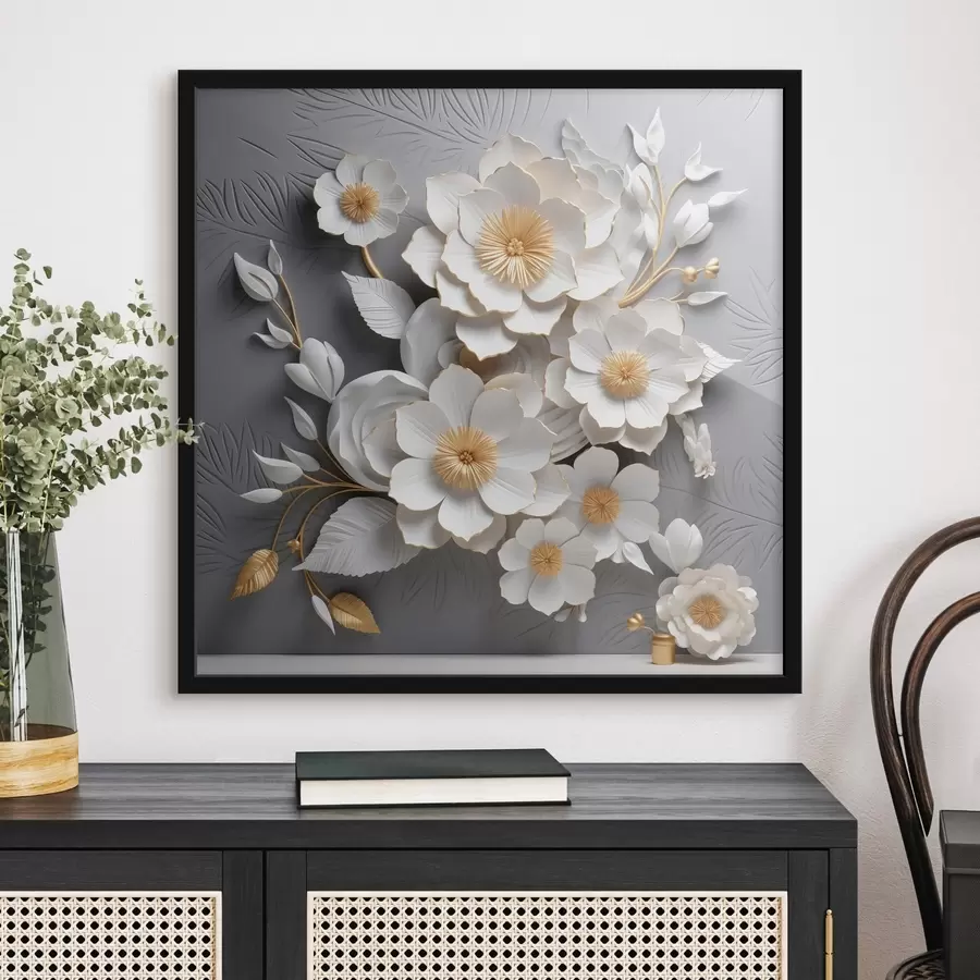 Papier peint photo Fleurs blanches volumineuses sur fond gris en style 3D f44253