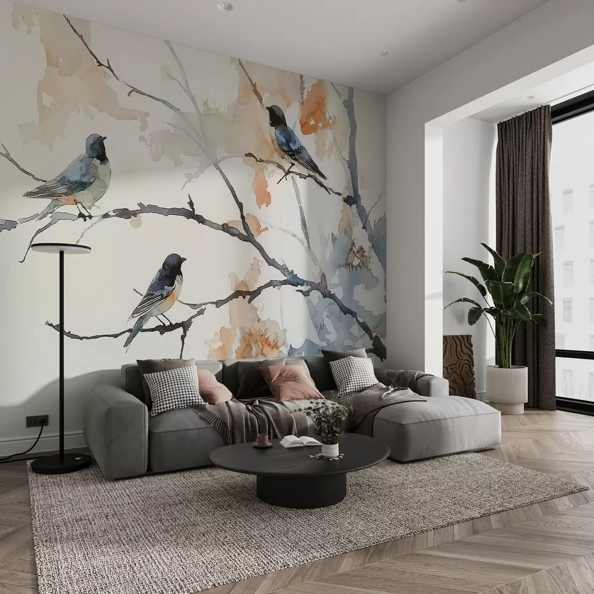 Fotobehang Vogels op boomtakken in aquarelstijl w09064