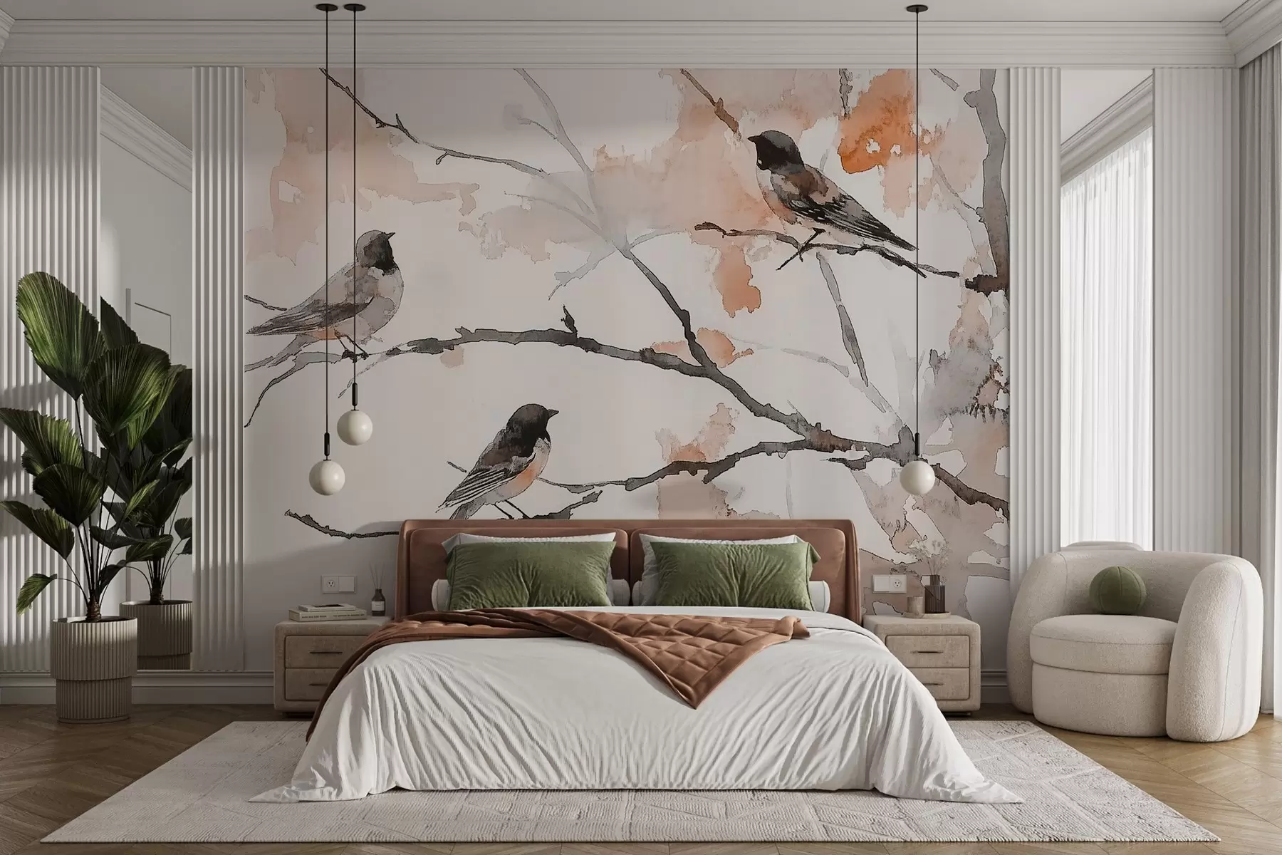 Fotobehang Vogels op boomtakken in aquarelstijl w09064v2