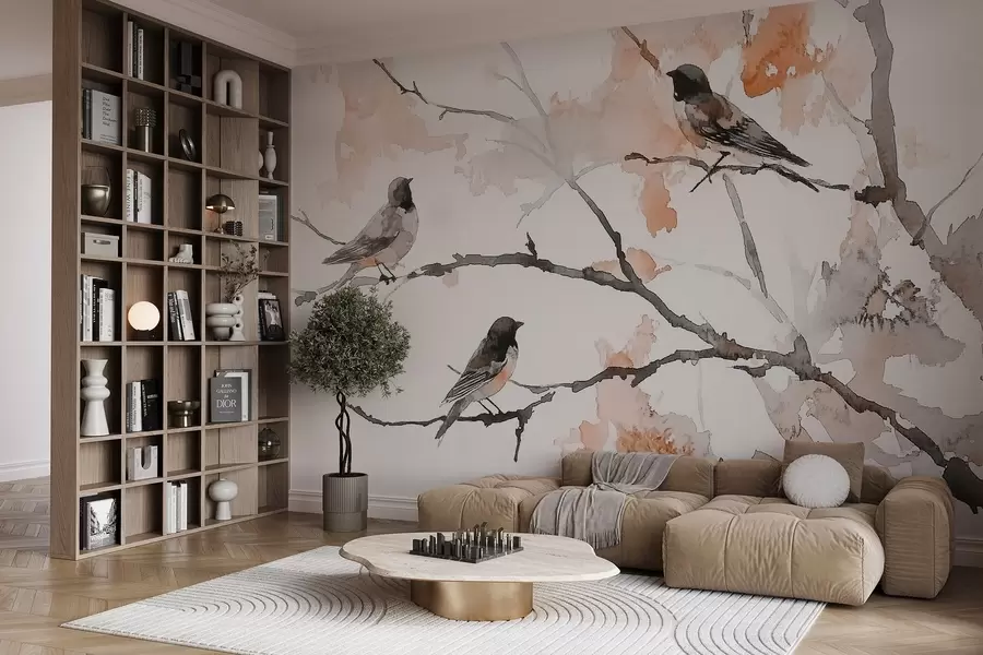 Fotobehang Vogels op boomtakken in aquarelstijl w09064v2