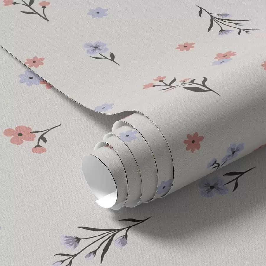 Papier peint photo Petites fleurs dans les tons rose pâle et bleu sur fond crème a00110