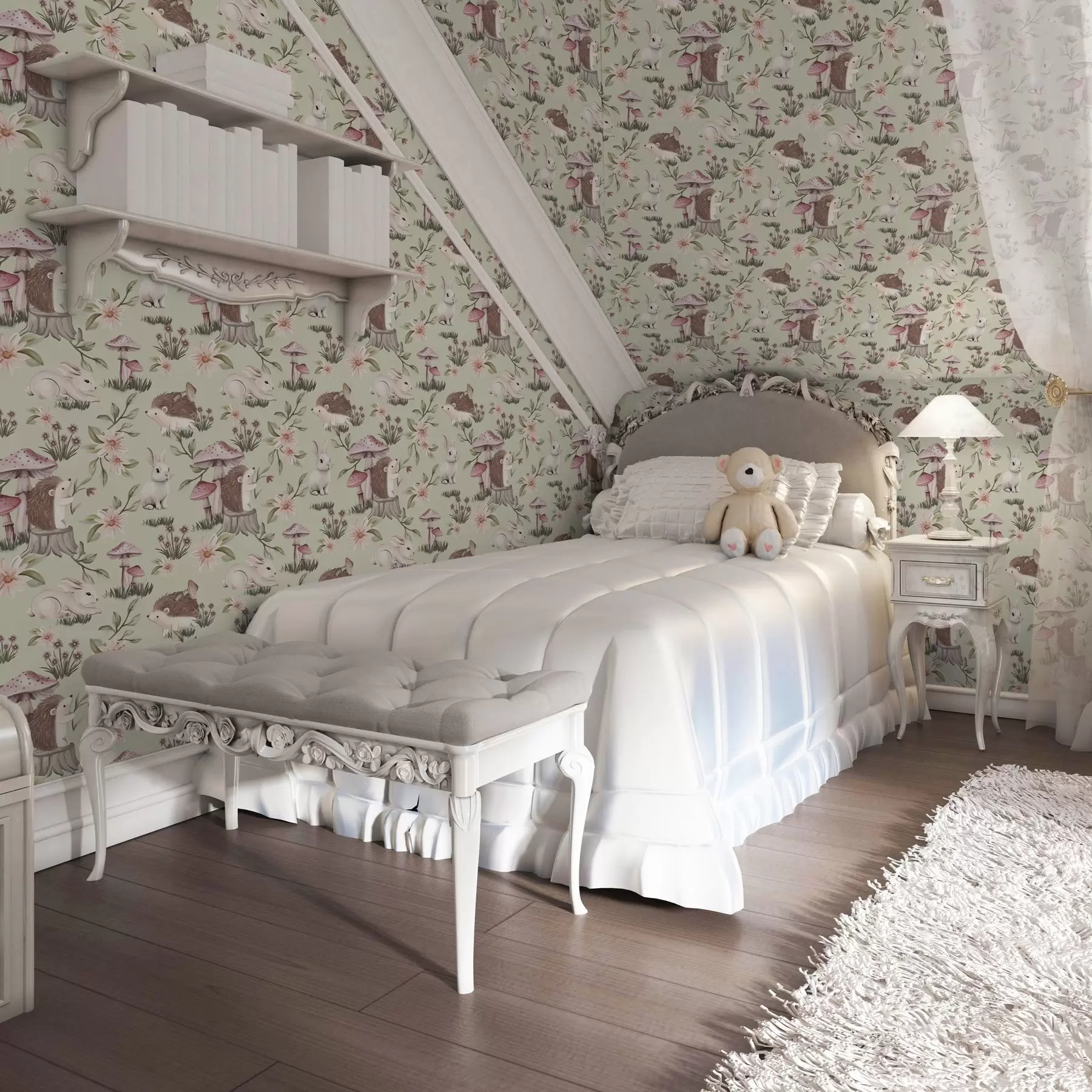 Papier peint photo Animaux et fleurs de contes de fées sur un fond vert aux délicates couleurs pastel a00111v1