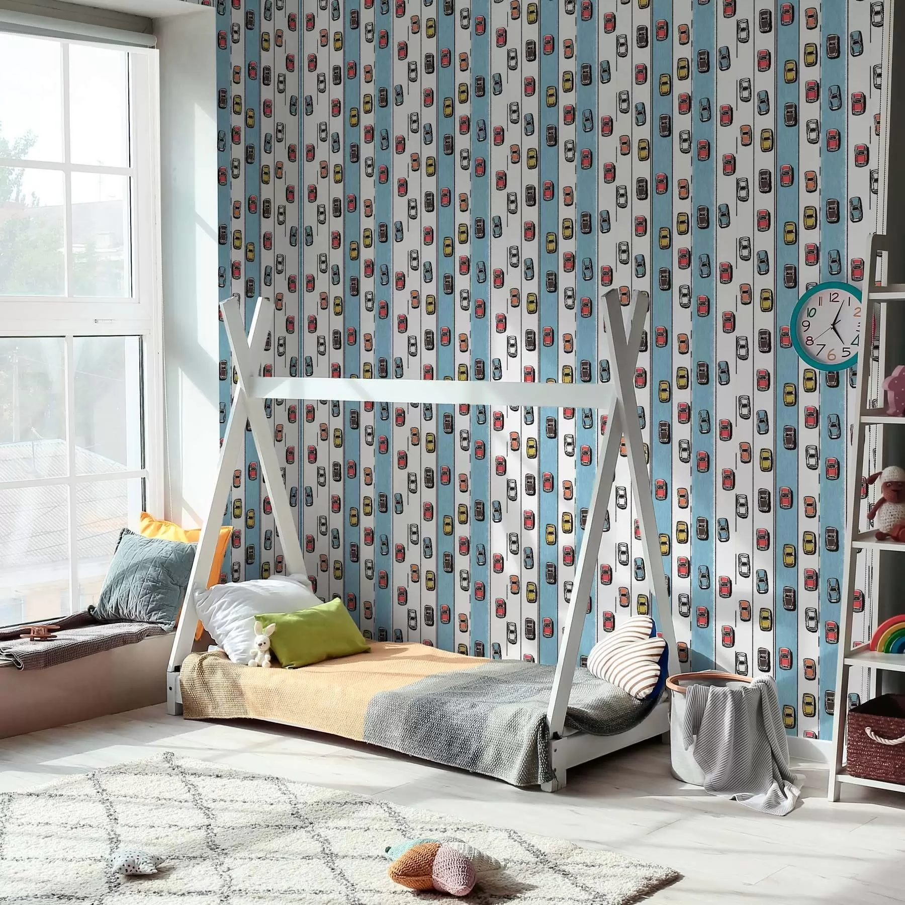 Papier peint photo Voiture rétro sur une route blanche et bleue dans le style des années 60 a00118v2