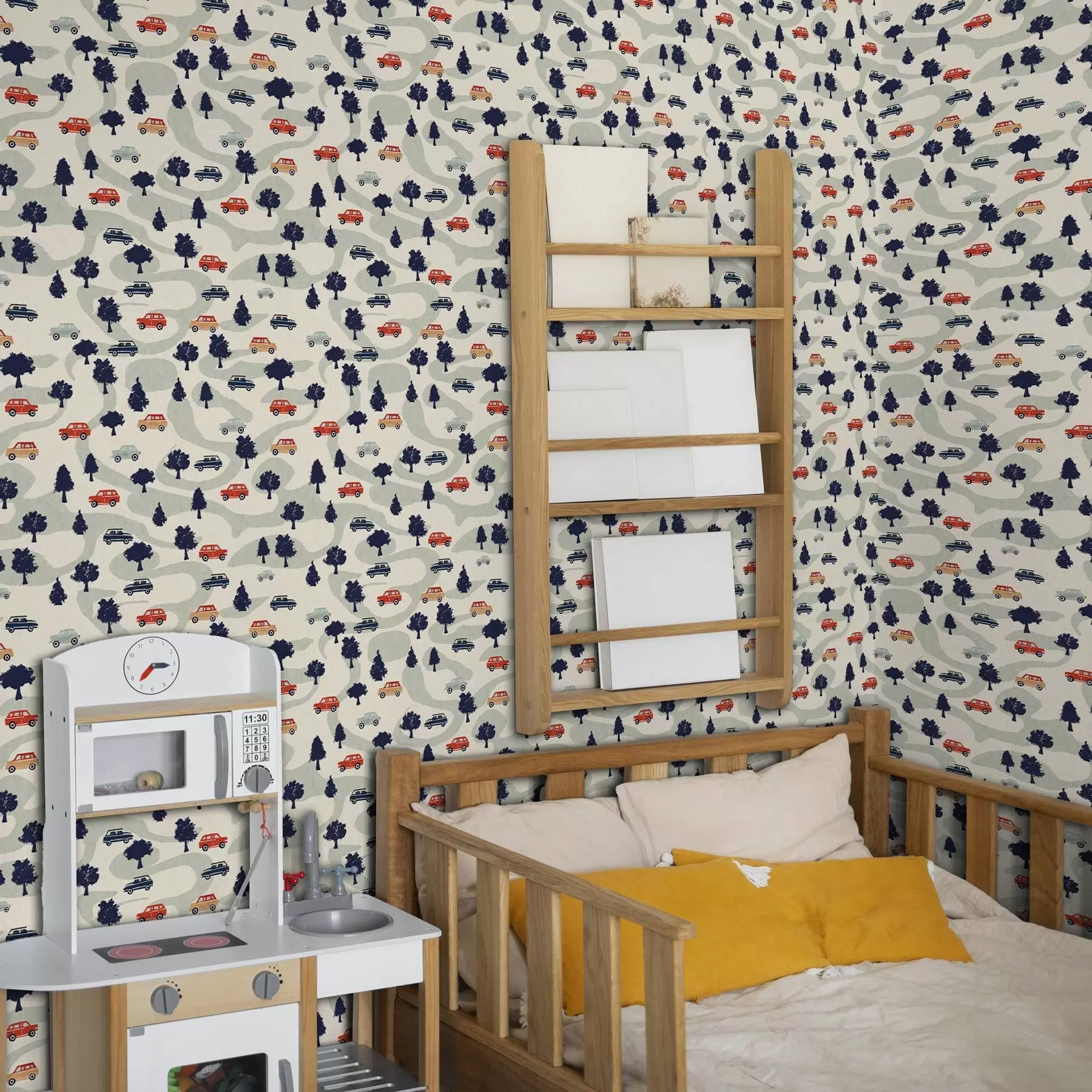 Fotobehang Grappige auto's tussen de bomen op een crèmekleurige achtergrond a00119