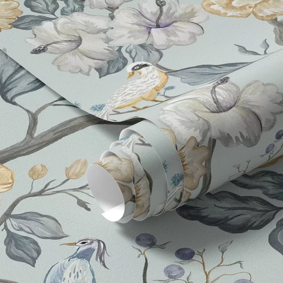 Fotobehang Bloemen en vogels op blauwe achtergrond a00134