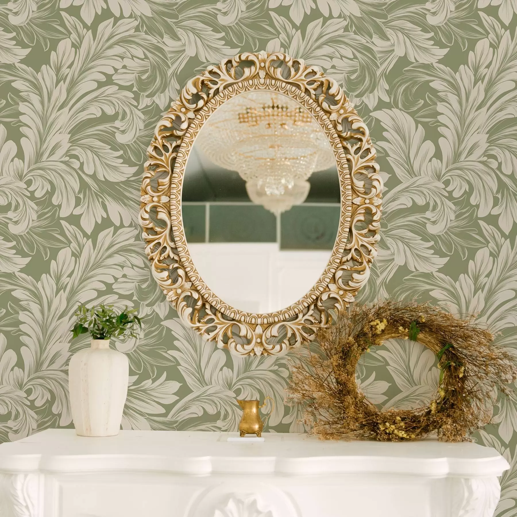 Papier peint photo Baroque avec des feuilles de couleur crème sur fond vert a00135