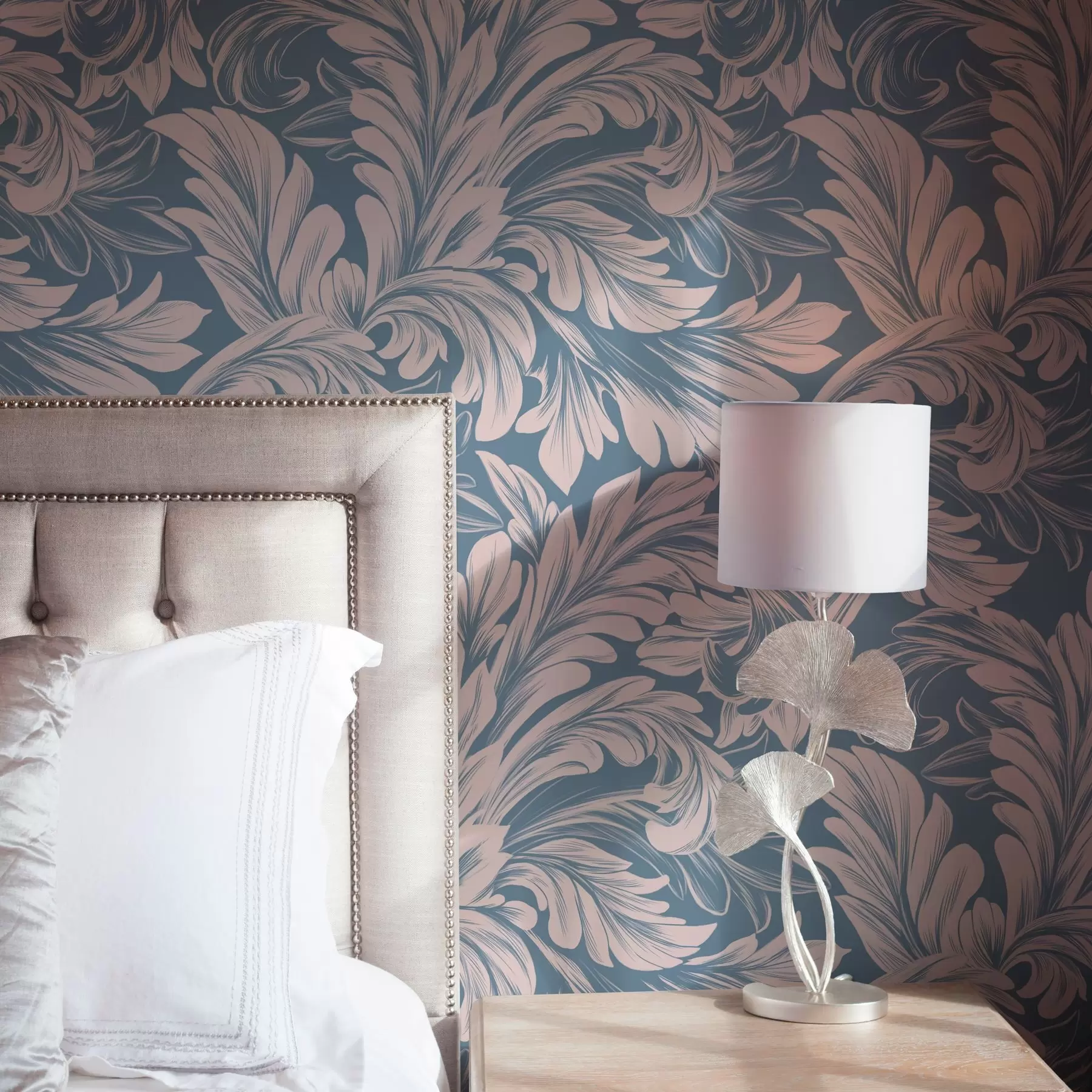 Papier peint photo Boucles végétales dans les tons crème sur fond bleu et gris a00135v2