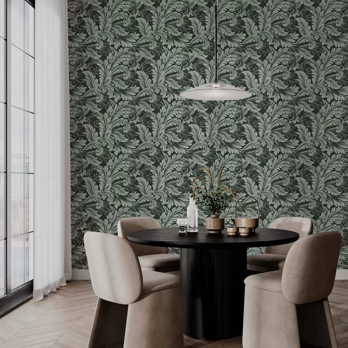 Papier peint Fond vert foncé avec boucles menthe a00135v4