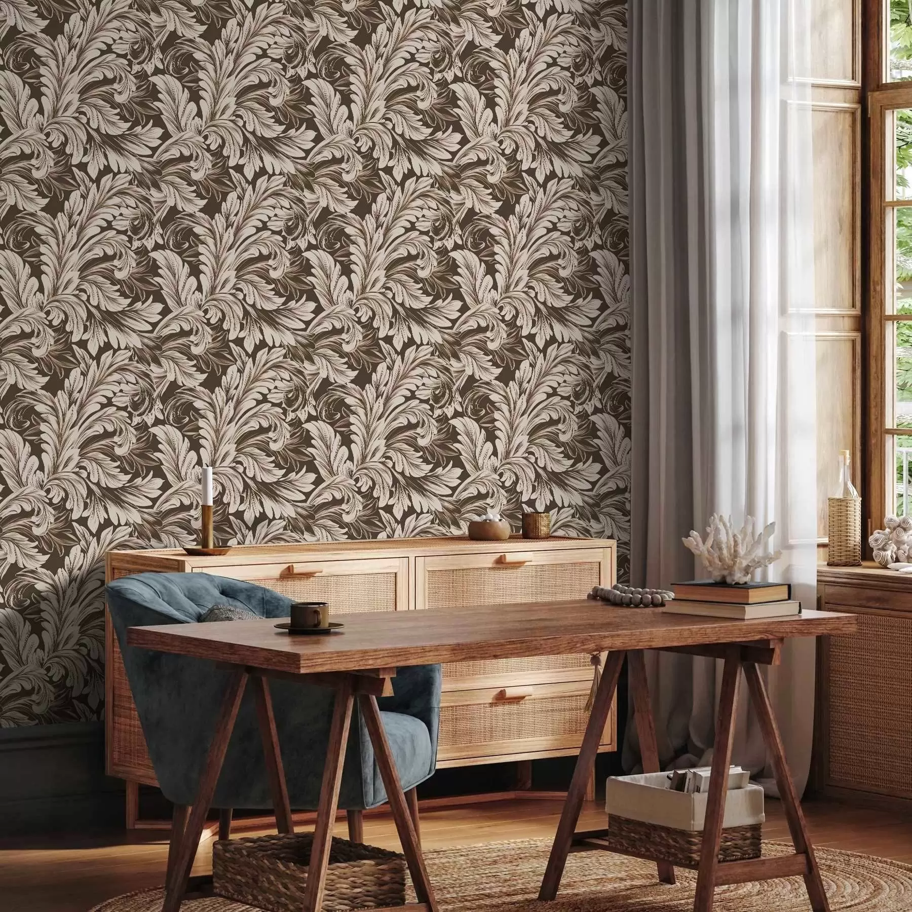 Fotobehang Barok patroon met bladeren op een donkere achtergrond a00135v5