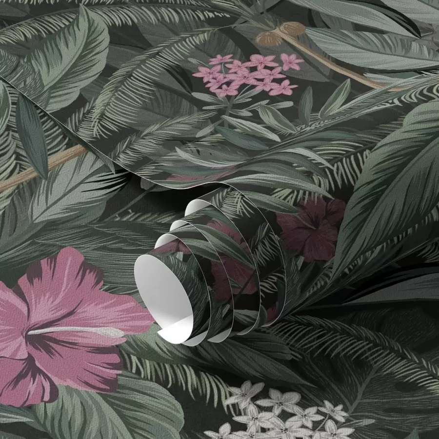 Papier peint photo Feuilles tropicales et oiseau sur fond sombre a00140