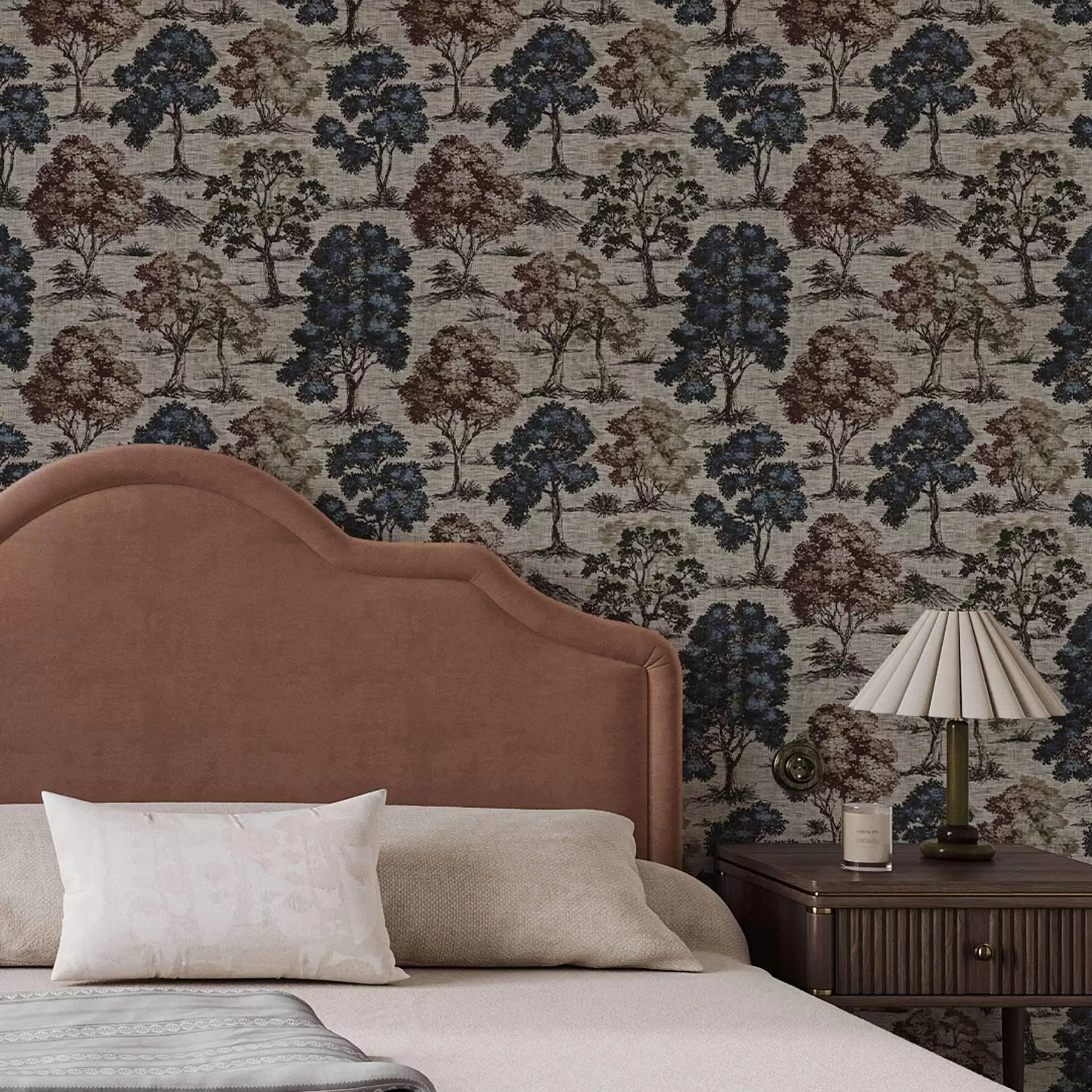 Fotobehang Grafiek met bomen op lichte linnen achtergrond a00152