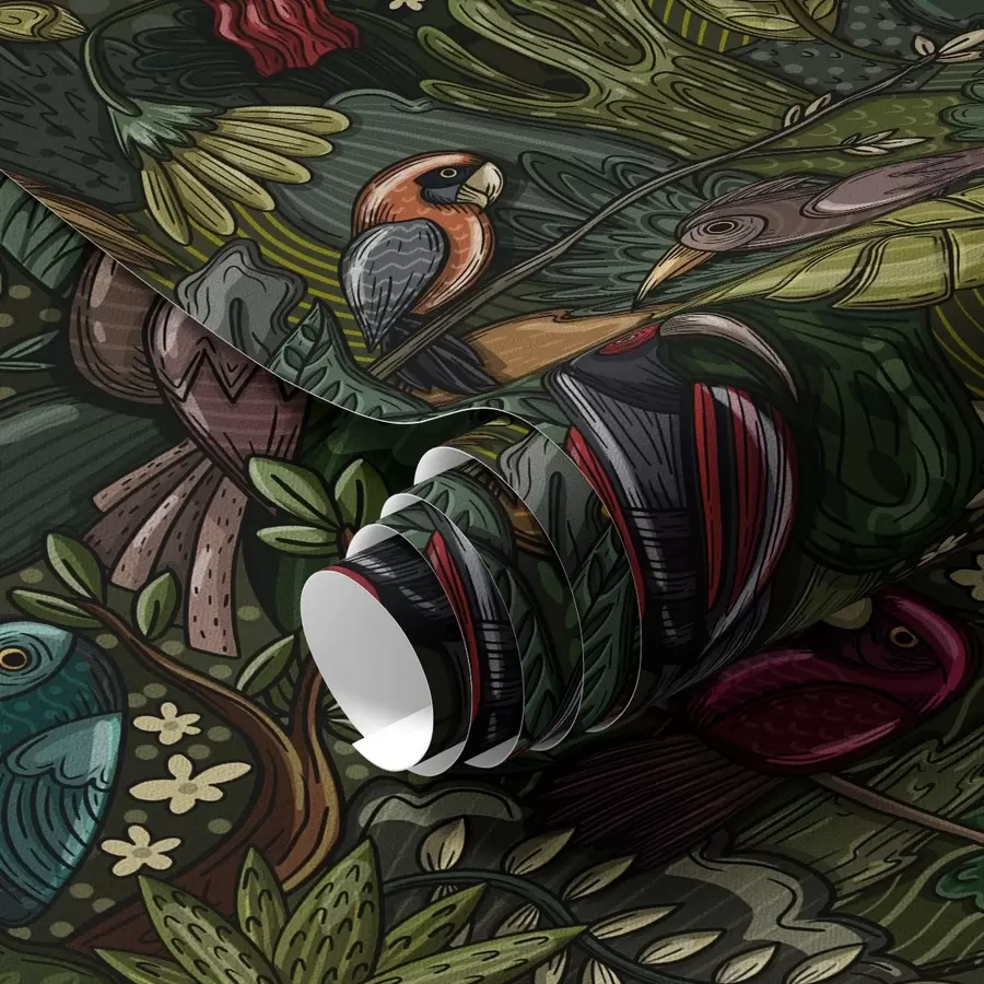 Papier peint photo Oiseaux exotiques dans la jungle dans le style d'une gravure a00157