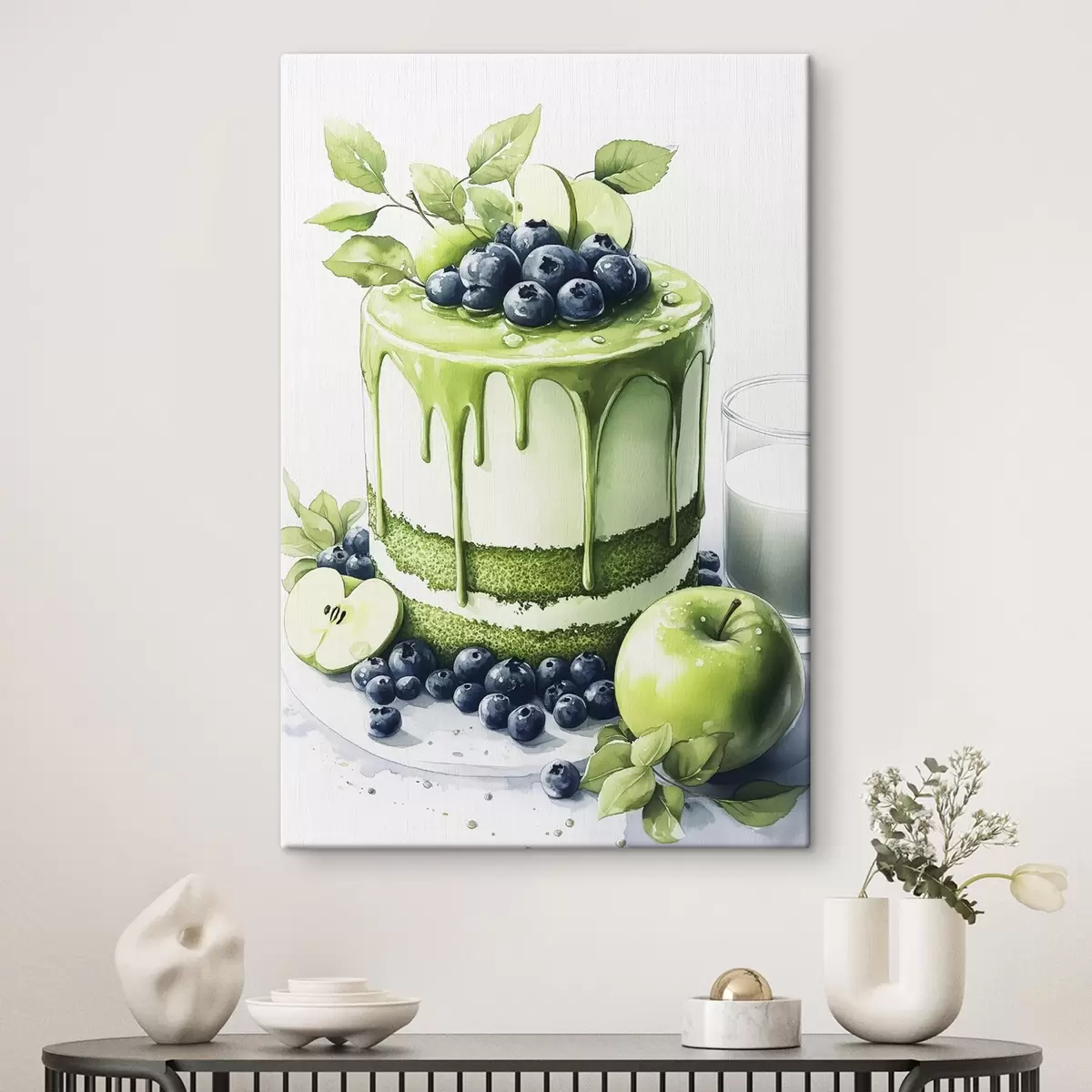  Schilderijen Matcha taart met bosbessen en appels, aquarelstijl s44304