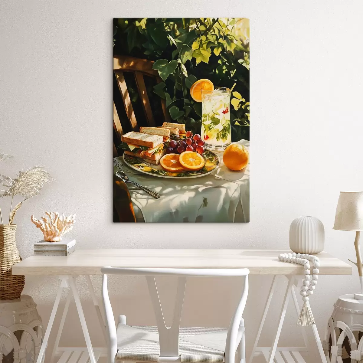  Peintures Pique-nique esthétique dans le jardin d'été, sandwichs, oranges, limonade s44306