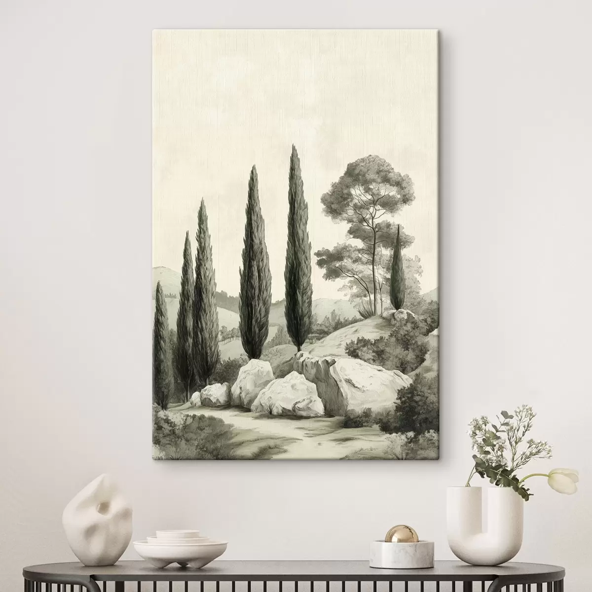  Peintures Paysages de Toscane, couleurs pastel, cyprès, rochers, style rustique s44307