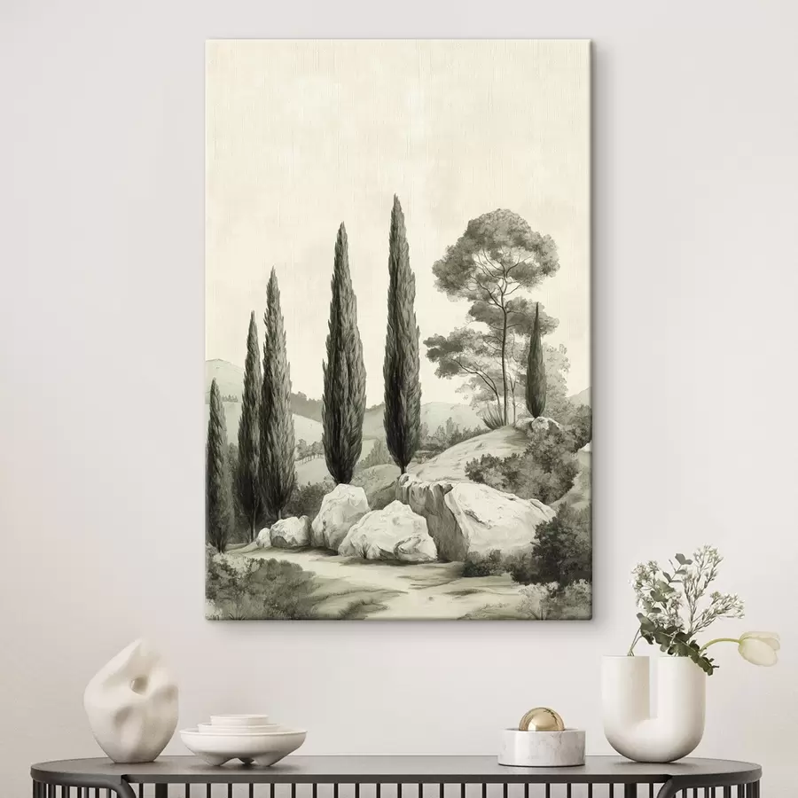 Fotobehang Toscaanse landschappen, pastelkleuren, cipressen, rotsen, rustieke stijl s44307