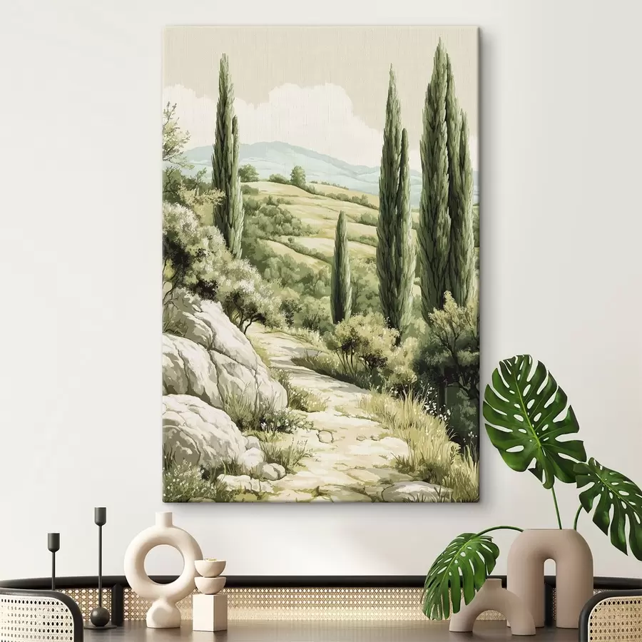  Schilderijen Zomerlandschappen met cipressen en groene heuvels, rustieke stijl s44308