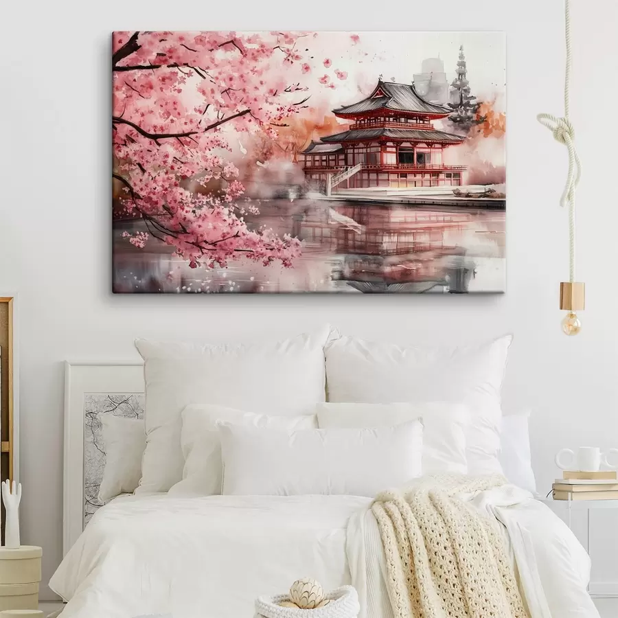  Peintures Magnifique paysage japonais avec cerisier en fleurs et maison sur le lac s44310