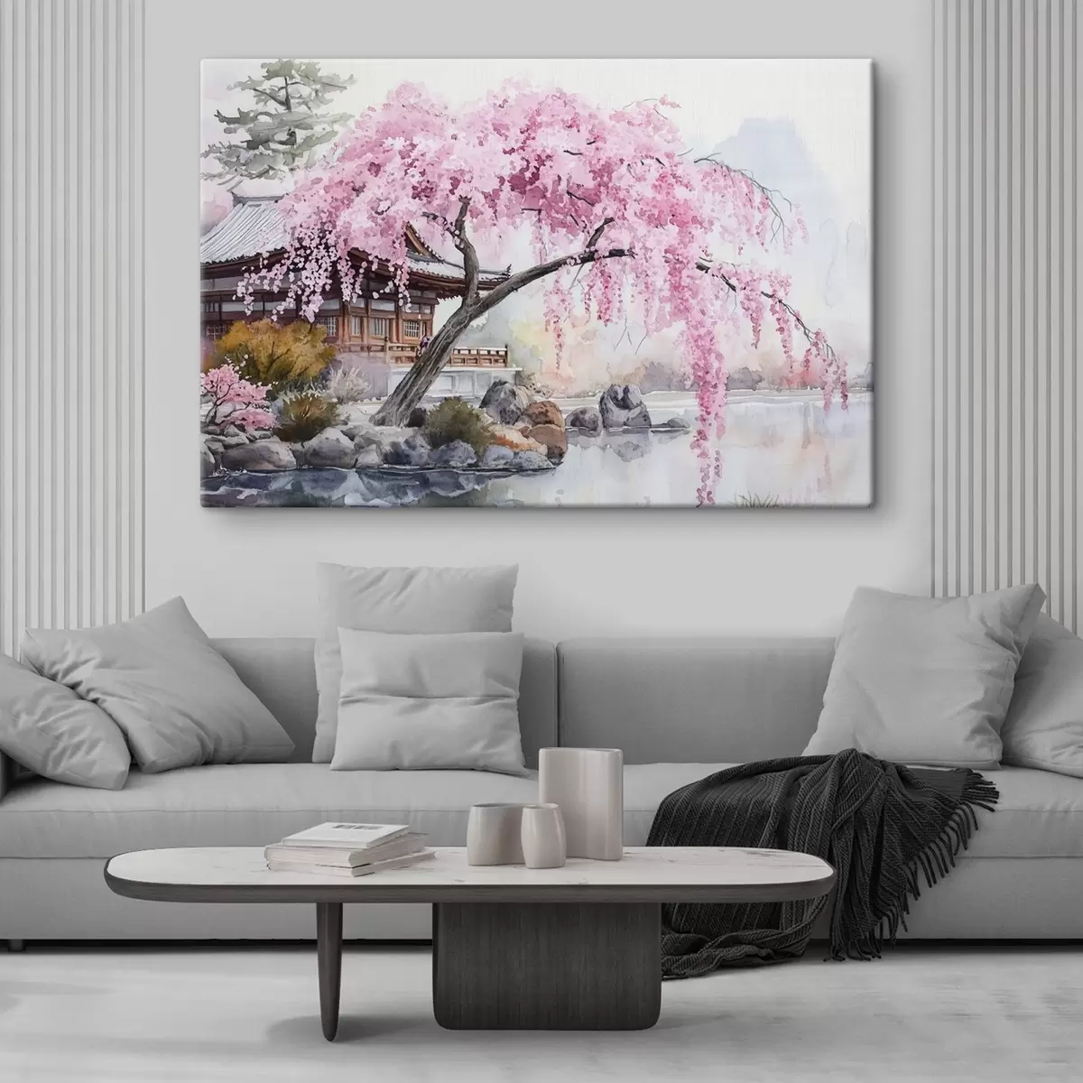  Schilderijen Roze kersenboom bij huis aan het meer, Japan, oosters, aquarelstijl s44312