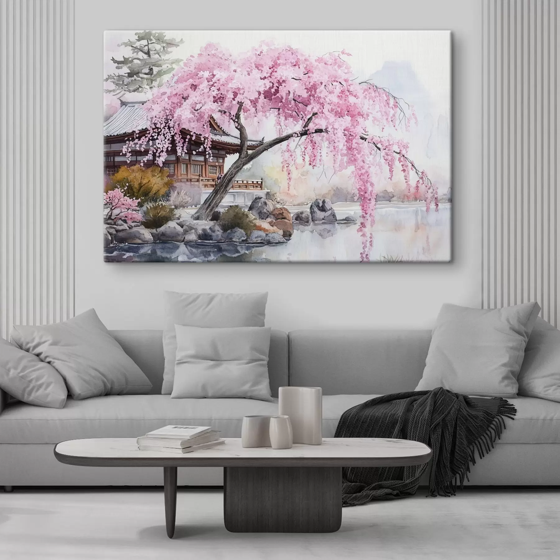  Schilderijen Roze kersenboom bij huis aan het meer, Japan, oosters, aquarelstijl s44312