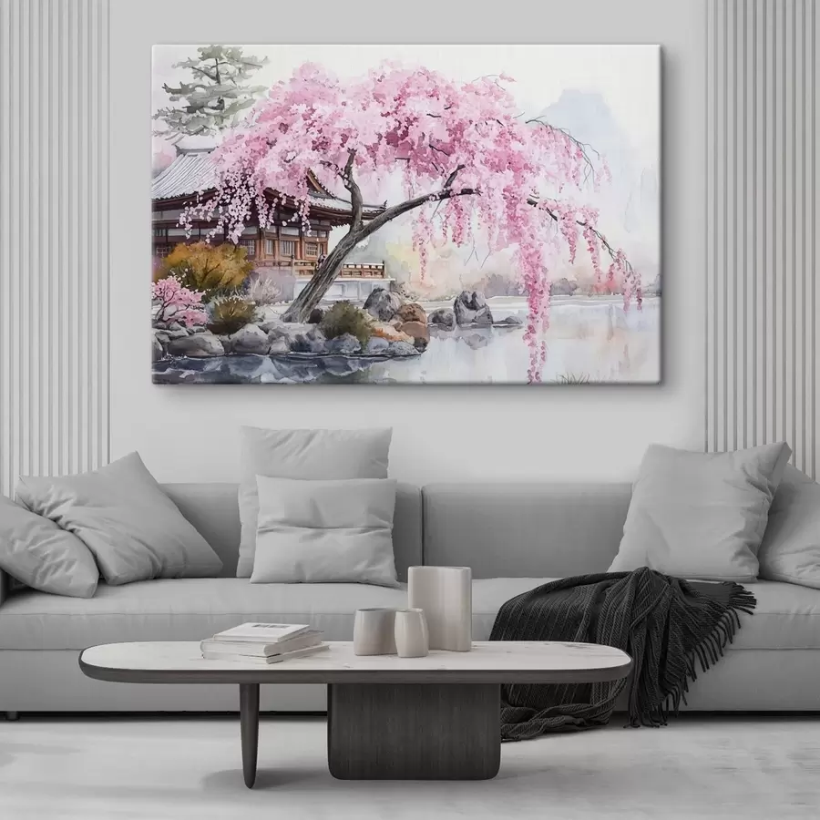 Peintures Cerisier rose près d'une maison sur le lac, Japon, oriental, style aquarelle s44312