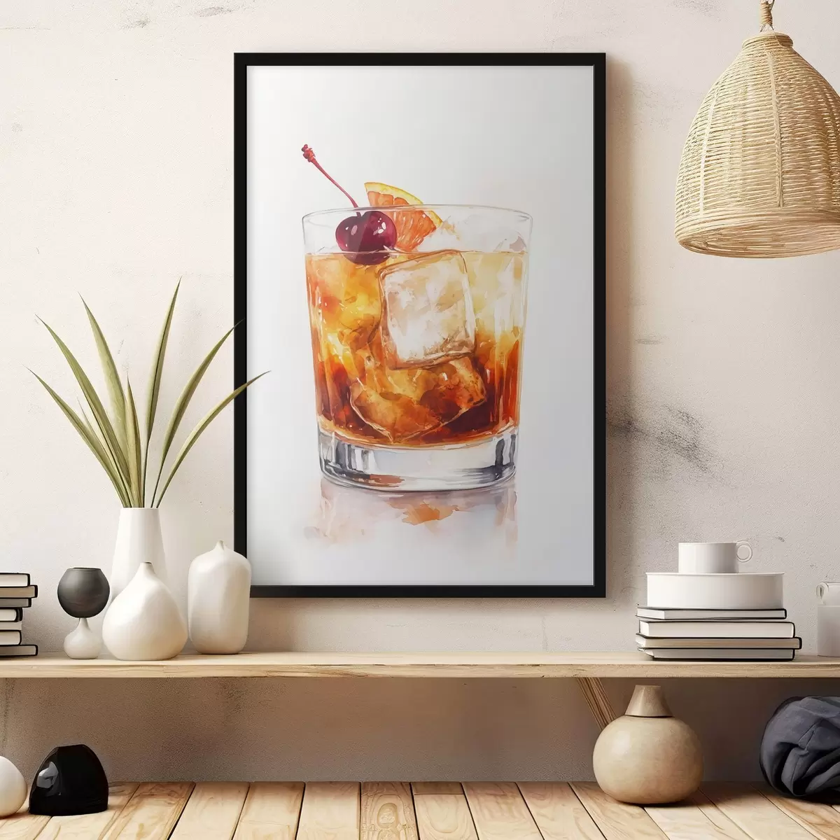Affiche Cocktail d'orange avec glace et cerise, style aquarelle f44303