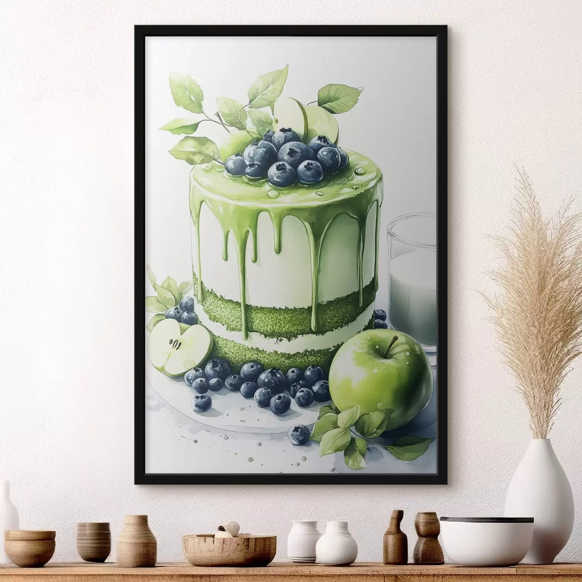 Poster Matcha taart met bosbessen en appels, aquarelstijl f44304