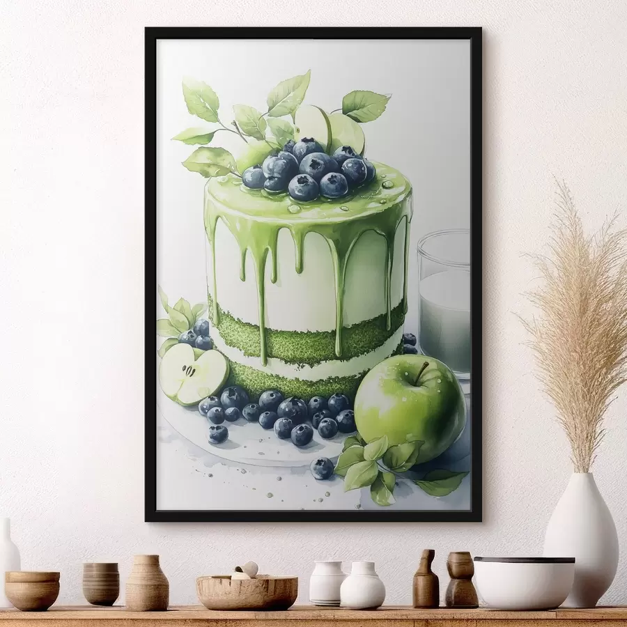 Fotobehang Matcha taart met bosbessen en appels, aquarelstijl f44304