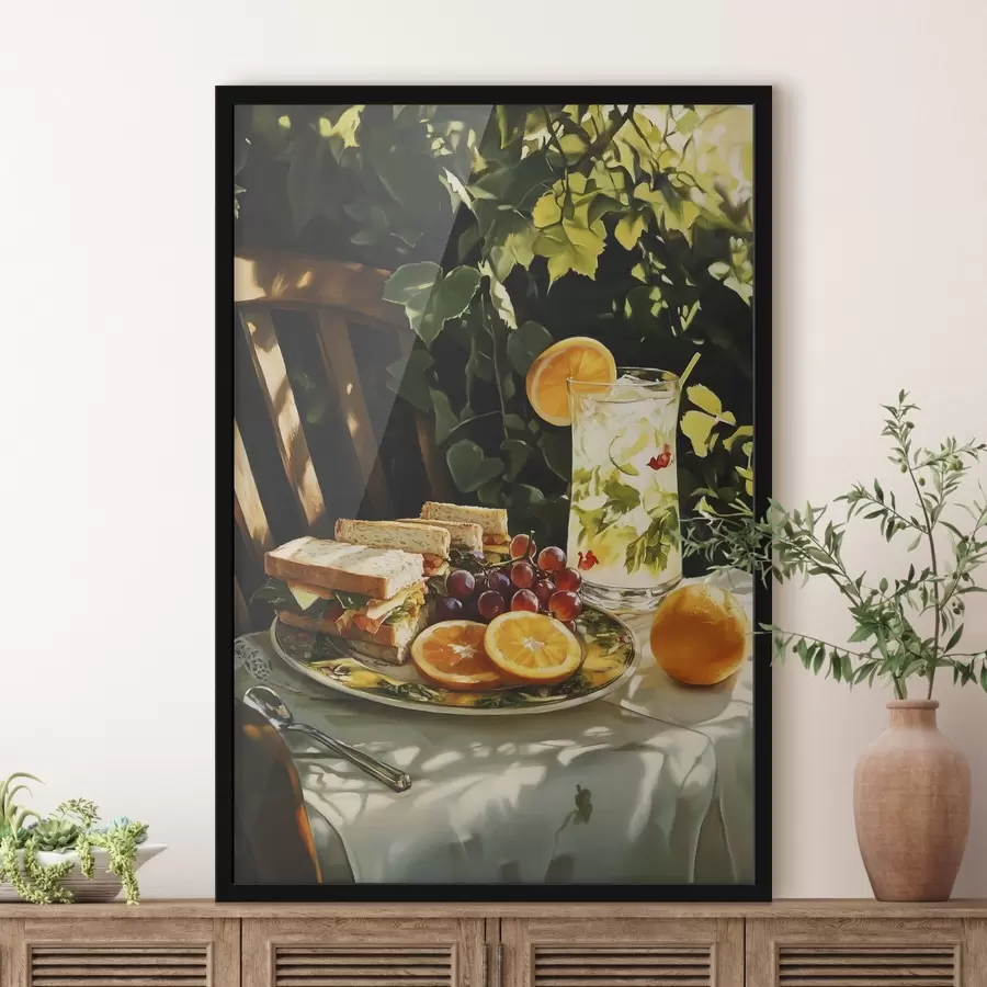 Fotobehang Esthetische picknick in de zomertuin, broodjes, sinaasappels, limonade f44306