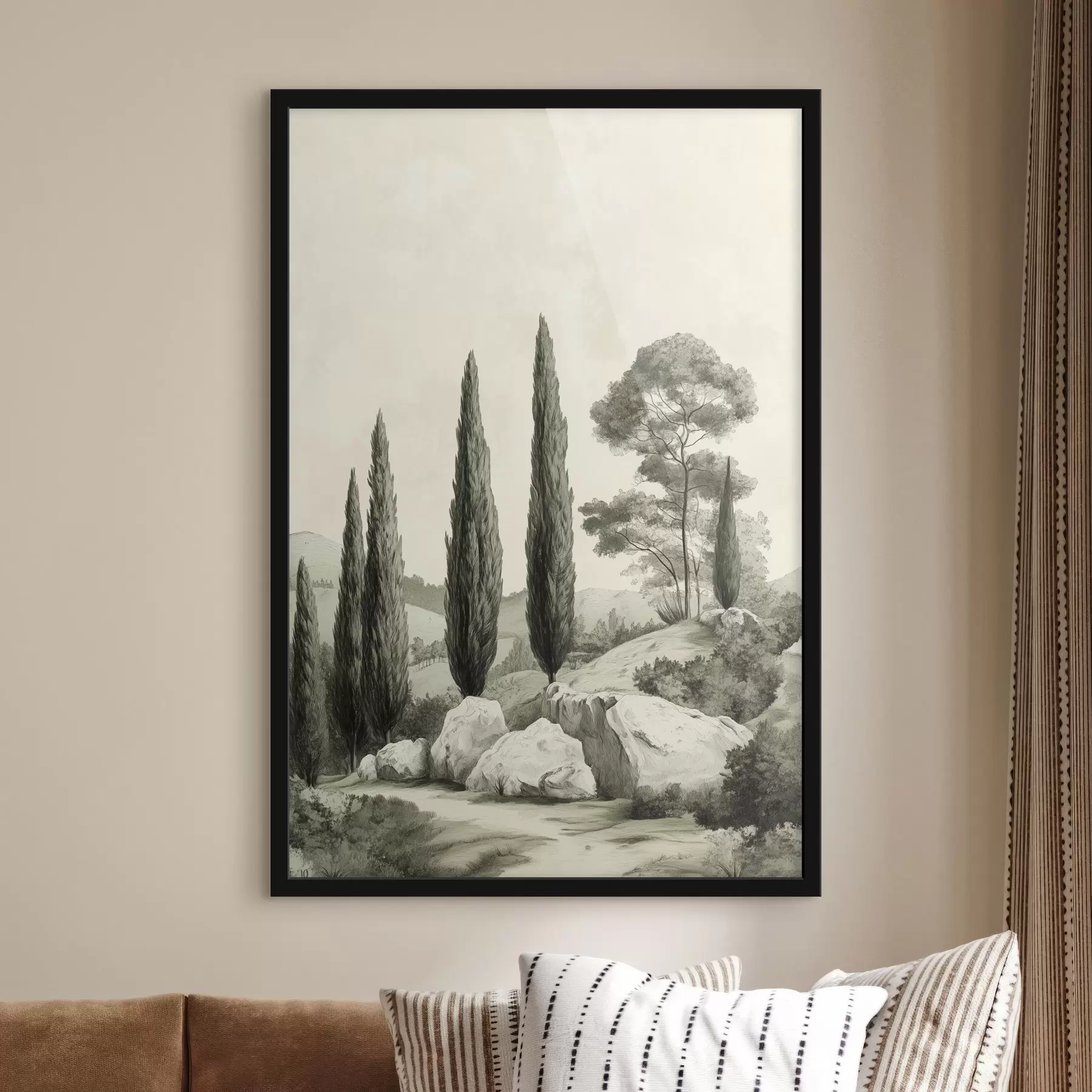  Peintures Paysages de Toscane, couleurs pastel, cyprès, rochers, style rustique f44307