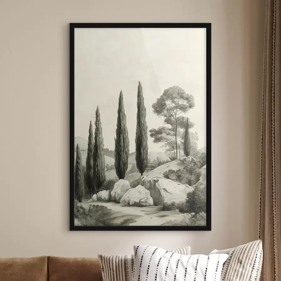 Papier peint photo Paysages de Toscane, couleurs pastel, cyprès, rochers, style rustique f44307