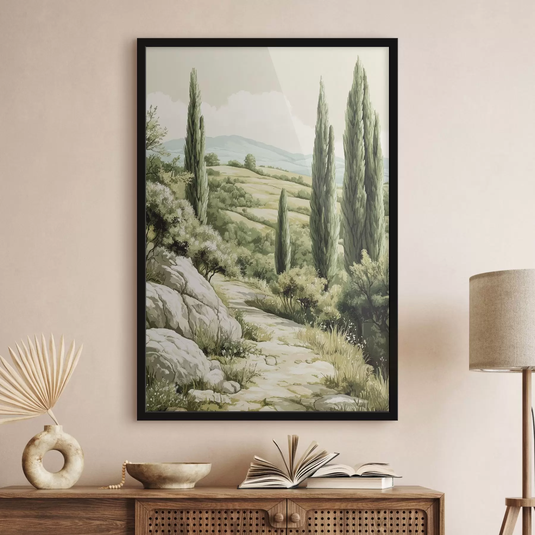 Fotobehang Zomerlandschappen met cipressen en groene heuvels, rustieke stijl f44308