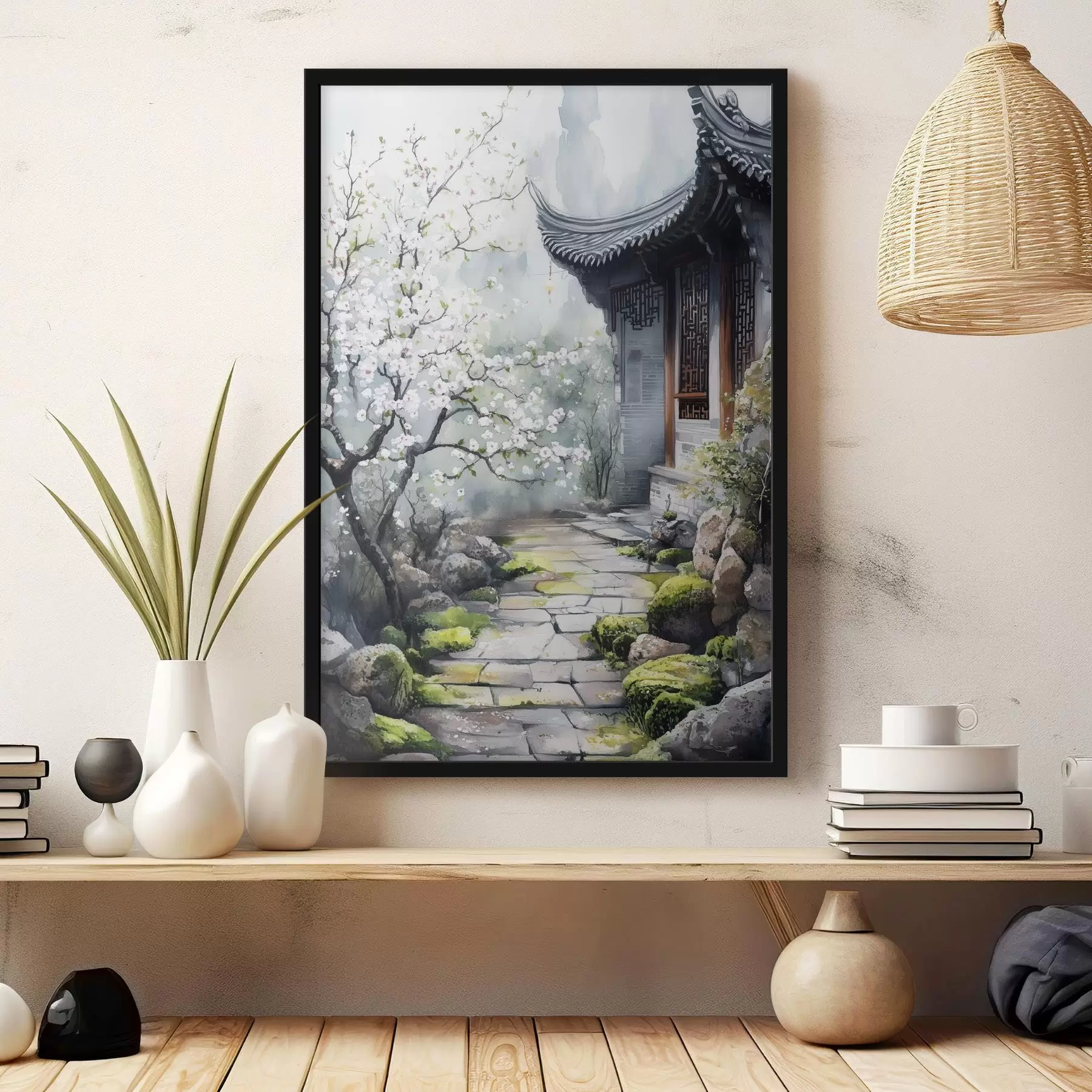 Papier peint photo Jardin japonais avec cerisier et maison, oriental, style aquarelle f44309