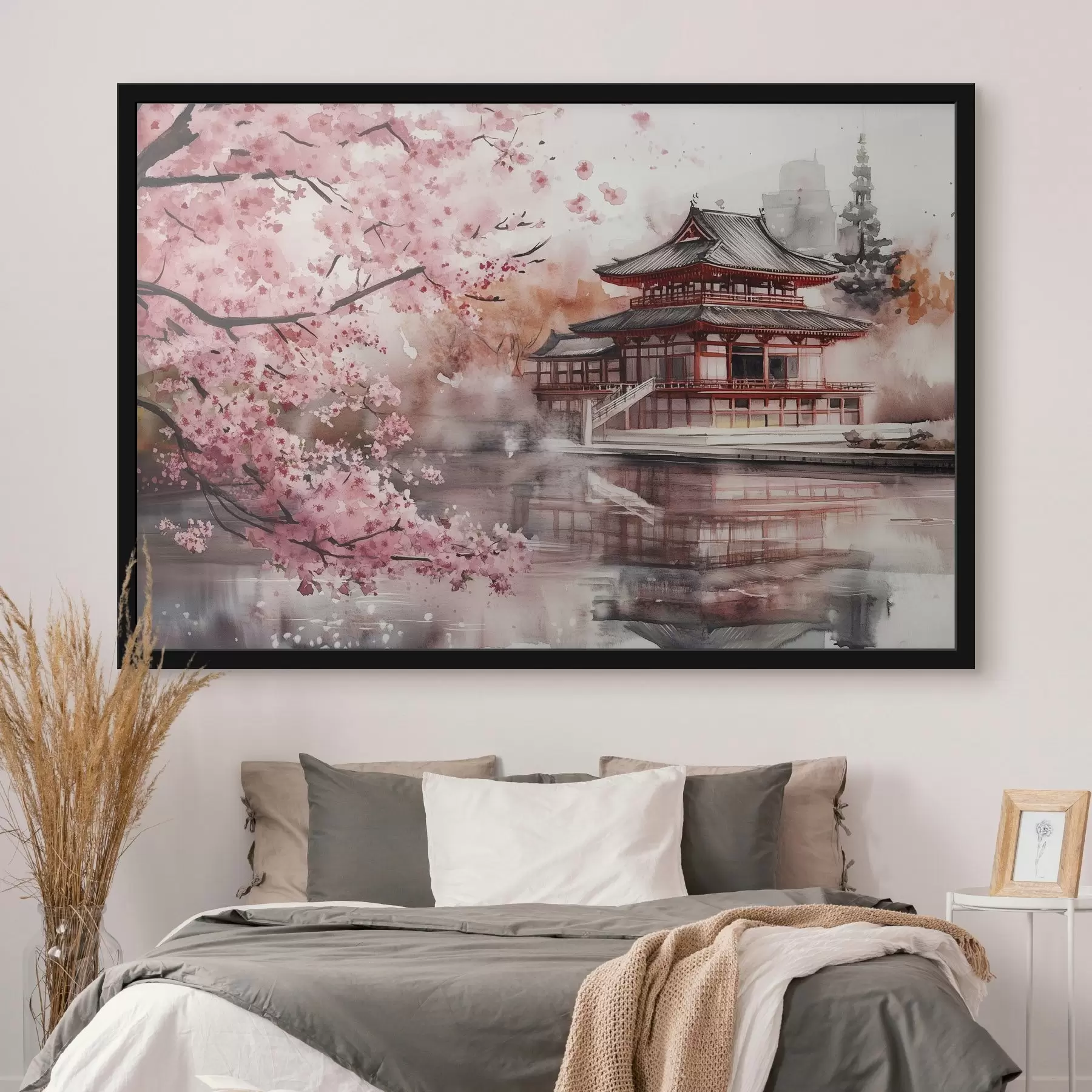  Schilderijen Prachtig Japans landschap met bloeiende kersenboom en huis aan het meer f44310