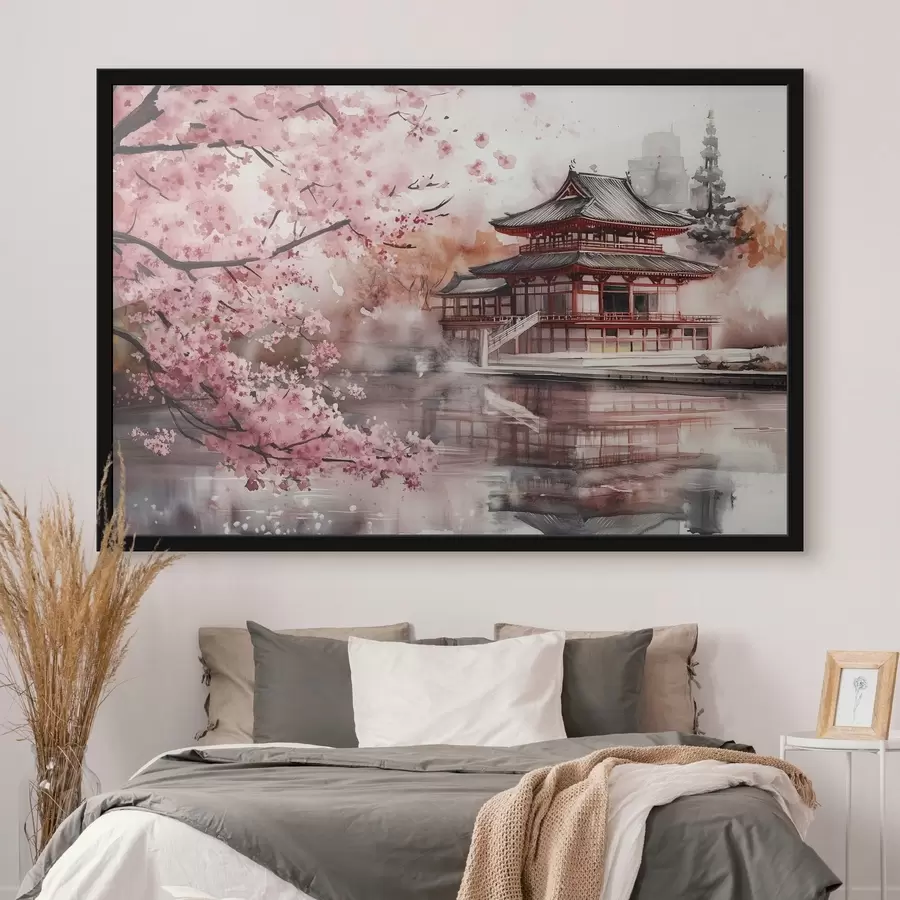 Papier peint photo Magnifique paysage japonais avec cerisier en fleurs et maison sur le lac f44310