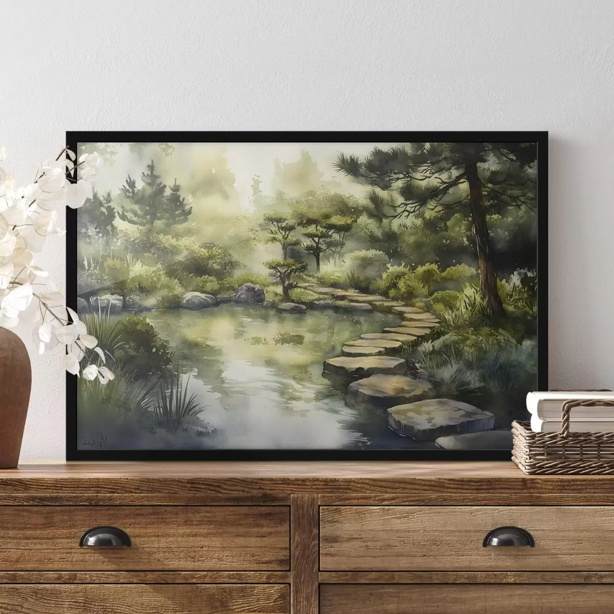 Poster Oosters bos met rotsen, vijver en pijnbomen, groen, aquarelstijl f44311