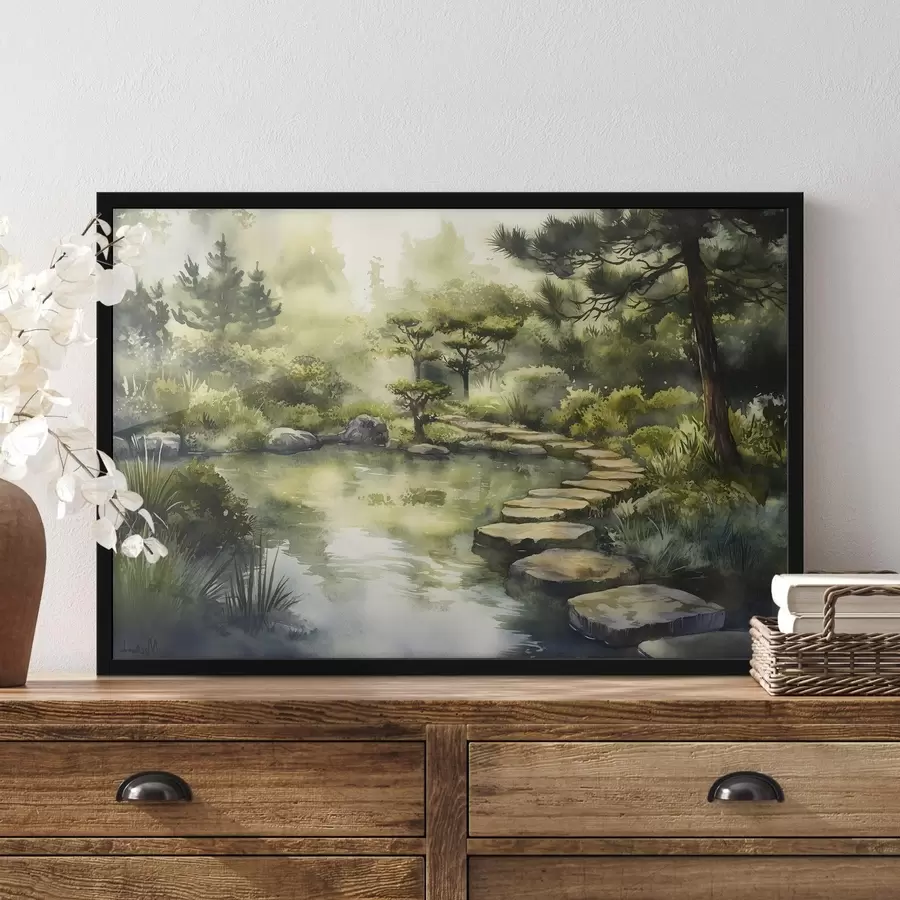 Fotobehang Oosters bos met rotsen, vijver en pijnbomen, groen, aquarelstijl f44311