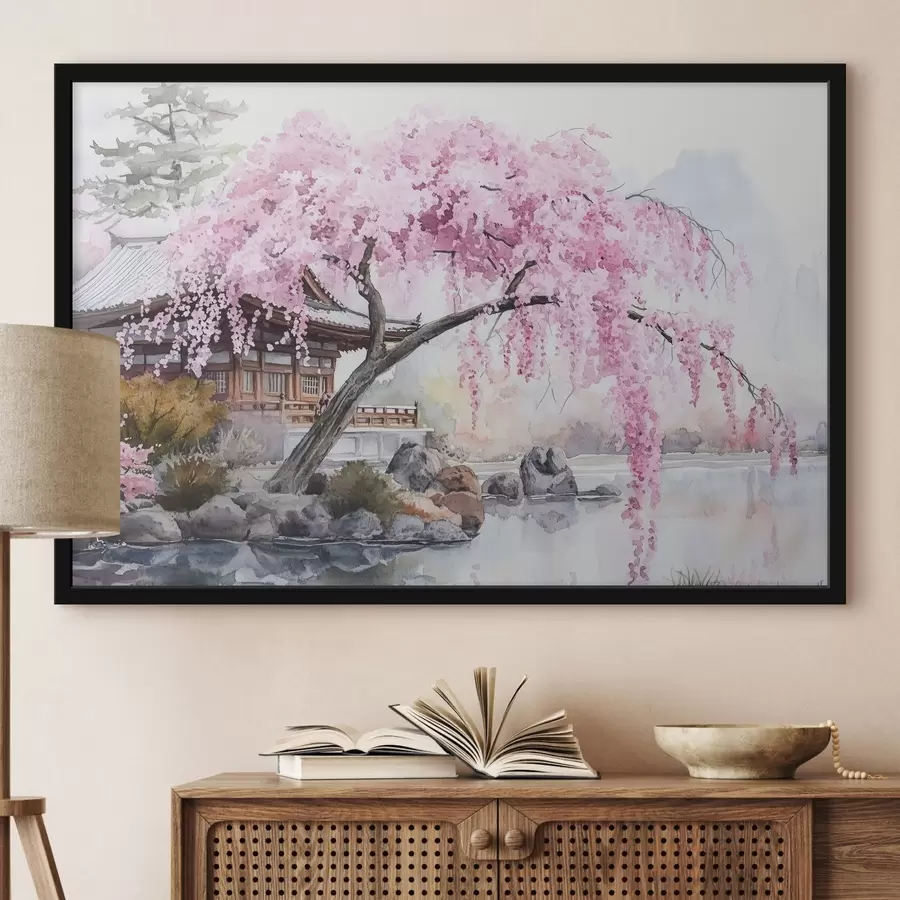 Papier peint photo Cerisier rose près d'une maison sur le lac, Japon, oriental, style aquarelle f44312