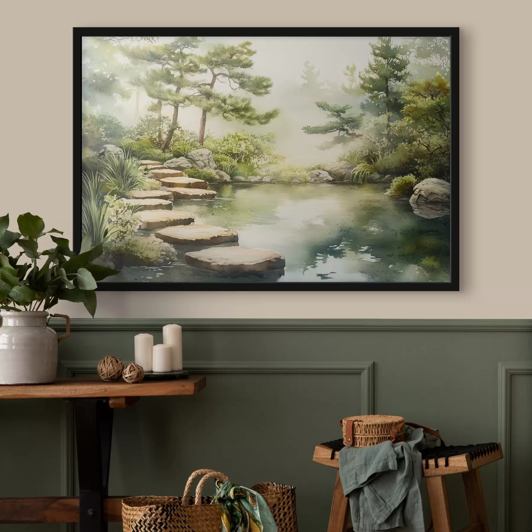Fotobehang Oosterse tuin met meer en bomen, natuur, aquarelstijl f44313