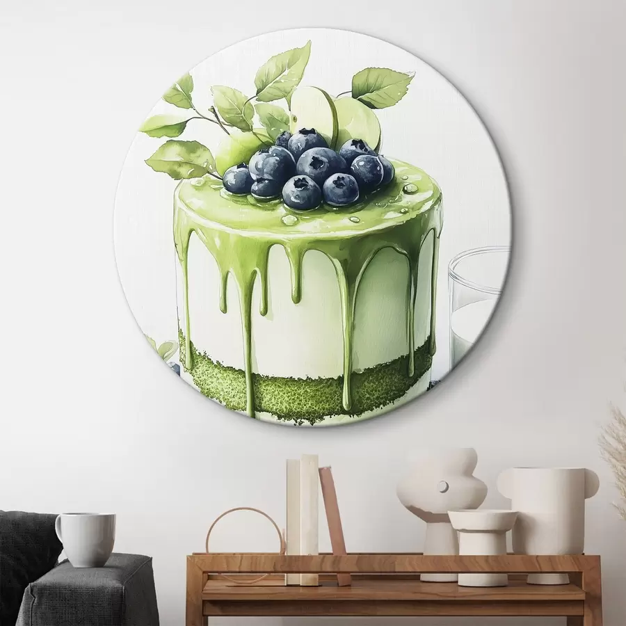  Schilderijen Matcha taart met bosbessen en appels, aquarelstijl r44304