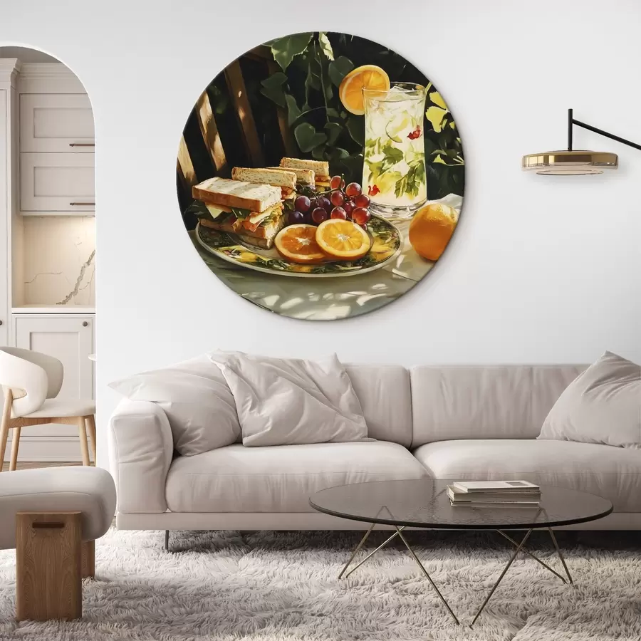  Schilderijen Esthetische picknick in de zomertuin, broodjes, sinaasappels, limonade r44306