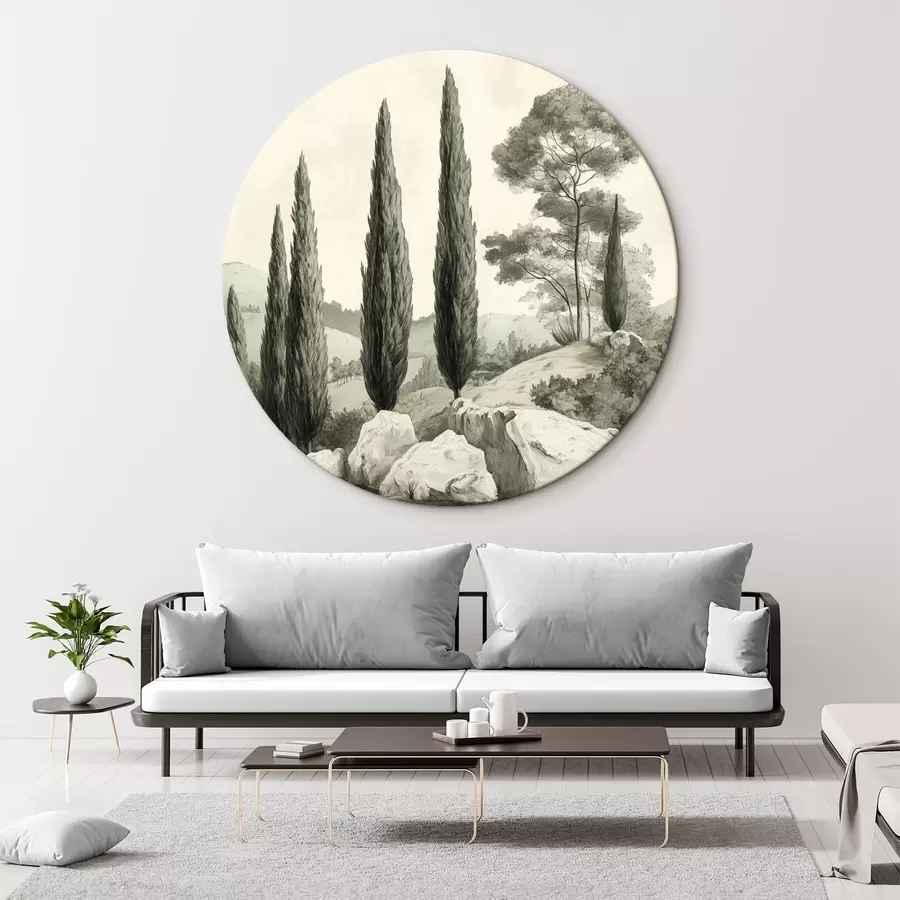  Schilderijen Toscaanse landschappen, pastelkleuren, cipressen, rotsen, rustieke stijl r44307